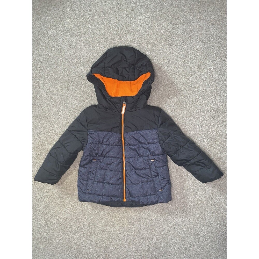 Healthtex Baby Boy Puffer Jacket Size 12M Black Gray Orange Hooded Fleece Lined